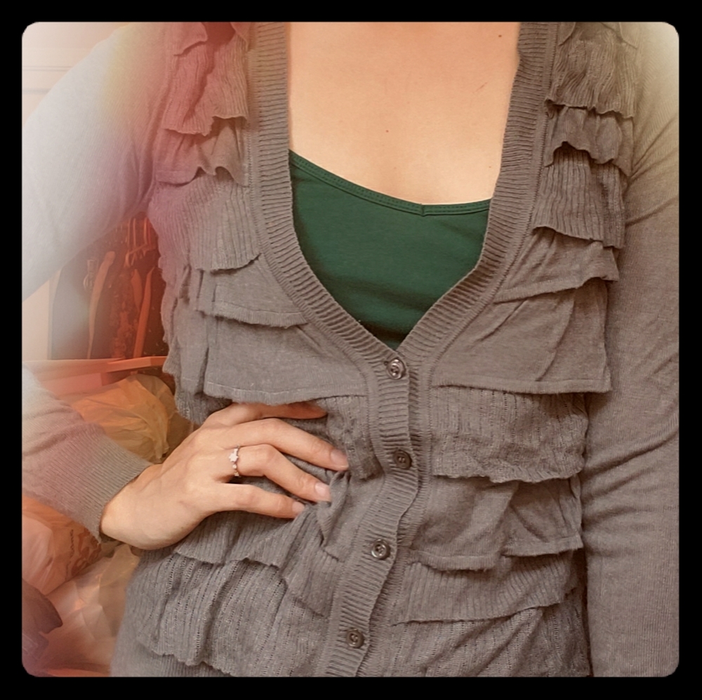 Gray Ann Taylor Petite Ruffle Cardigan